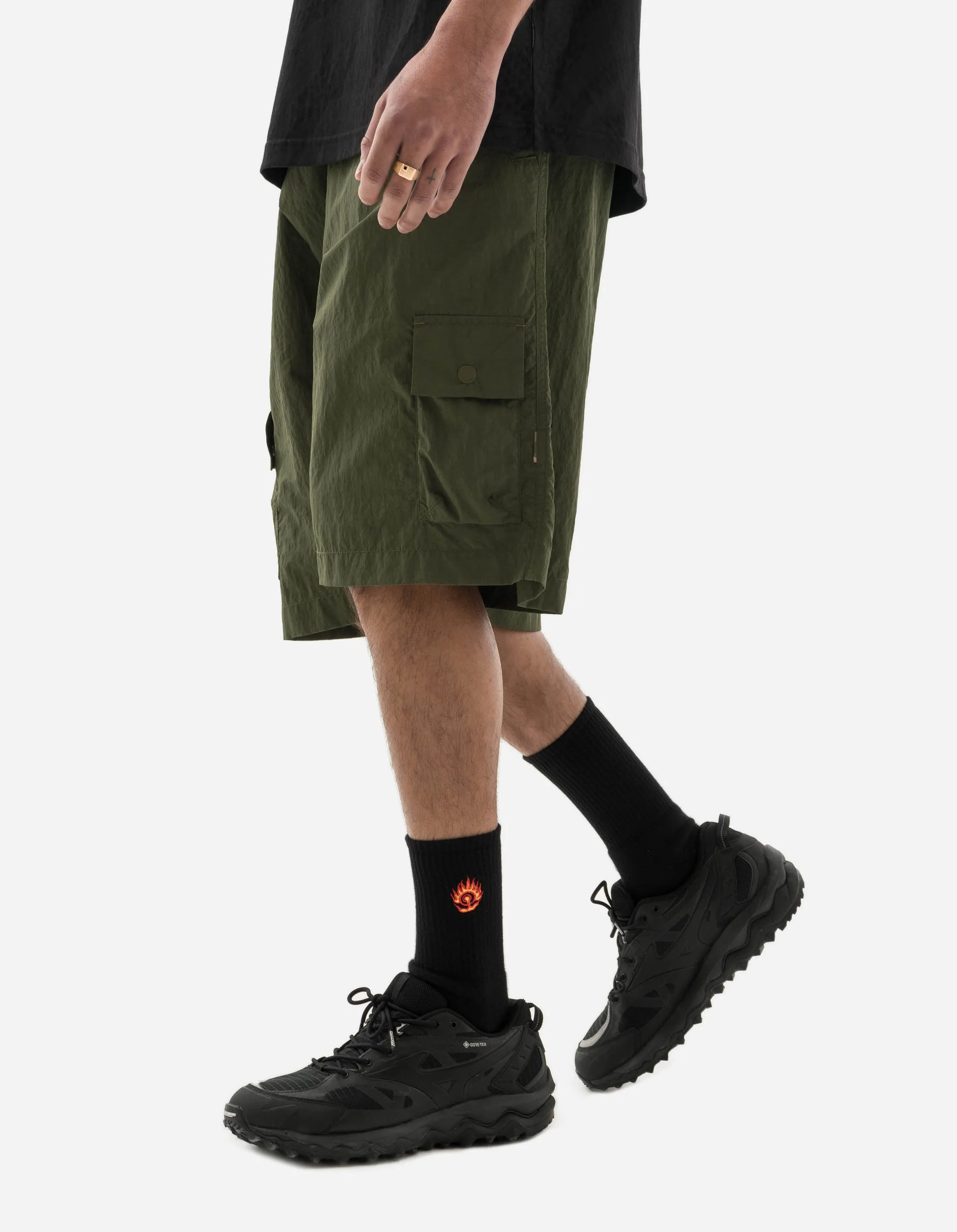 5041 Veg Dyed Asym Cargo Track Shorts Olive