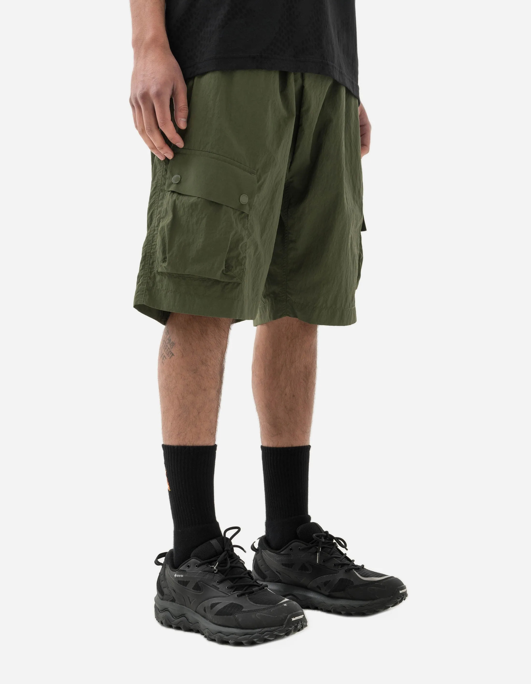 5041 Veg Dyed Asym Cargo Track Shorts Olive