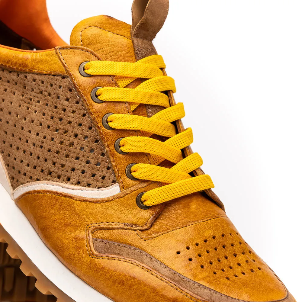 65-224-MUS MATTEO Italian Calf and Suede Perforated Sneakers, Mustard