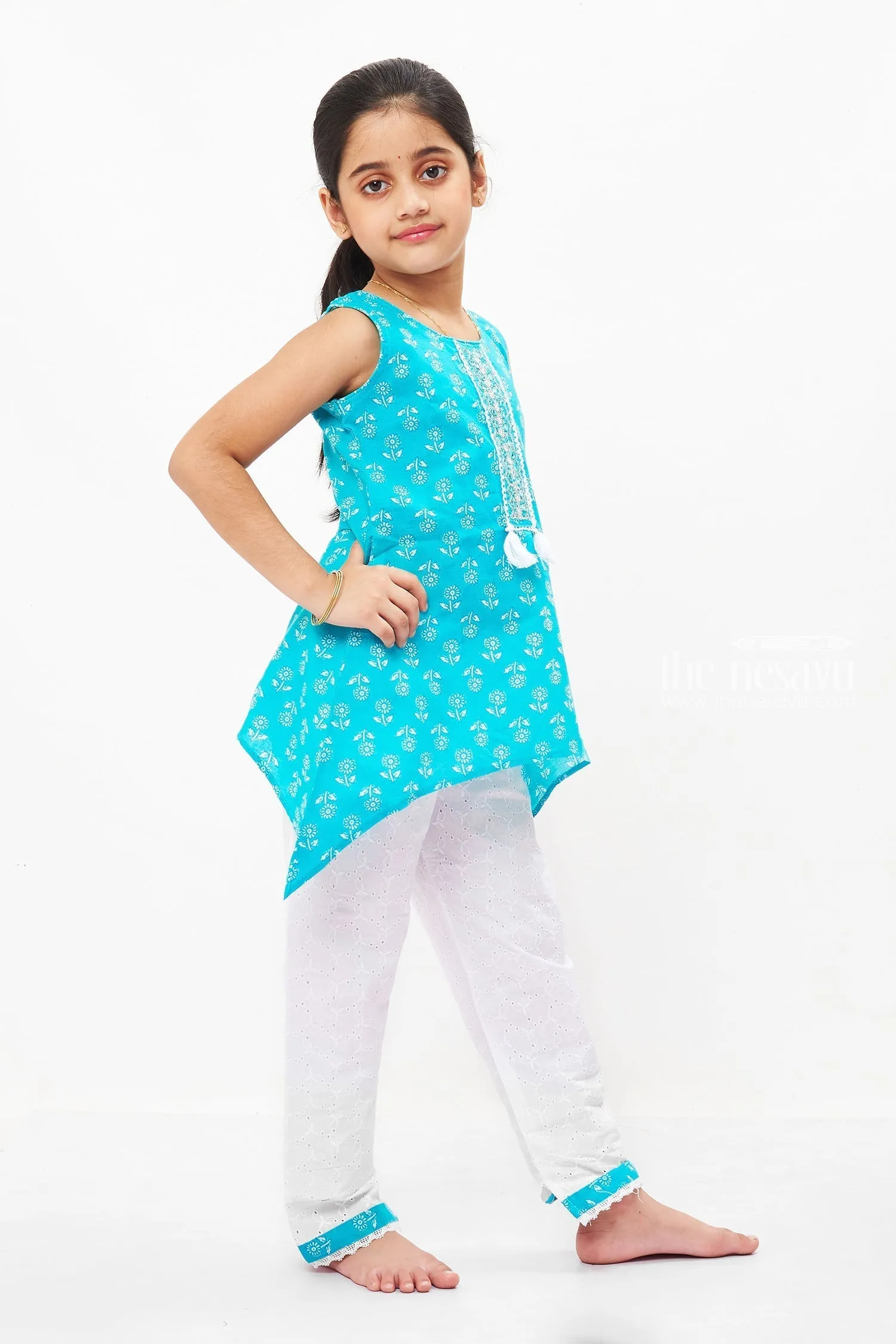 Aqua Freshness: Charming Blue Kurti and White Pant Ensemble for Girls