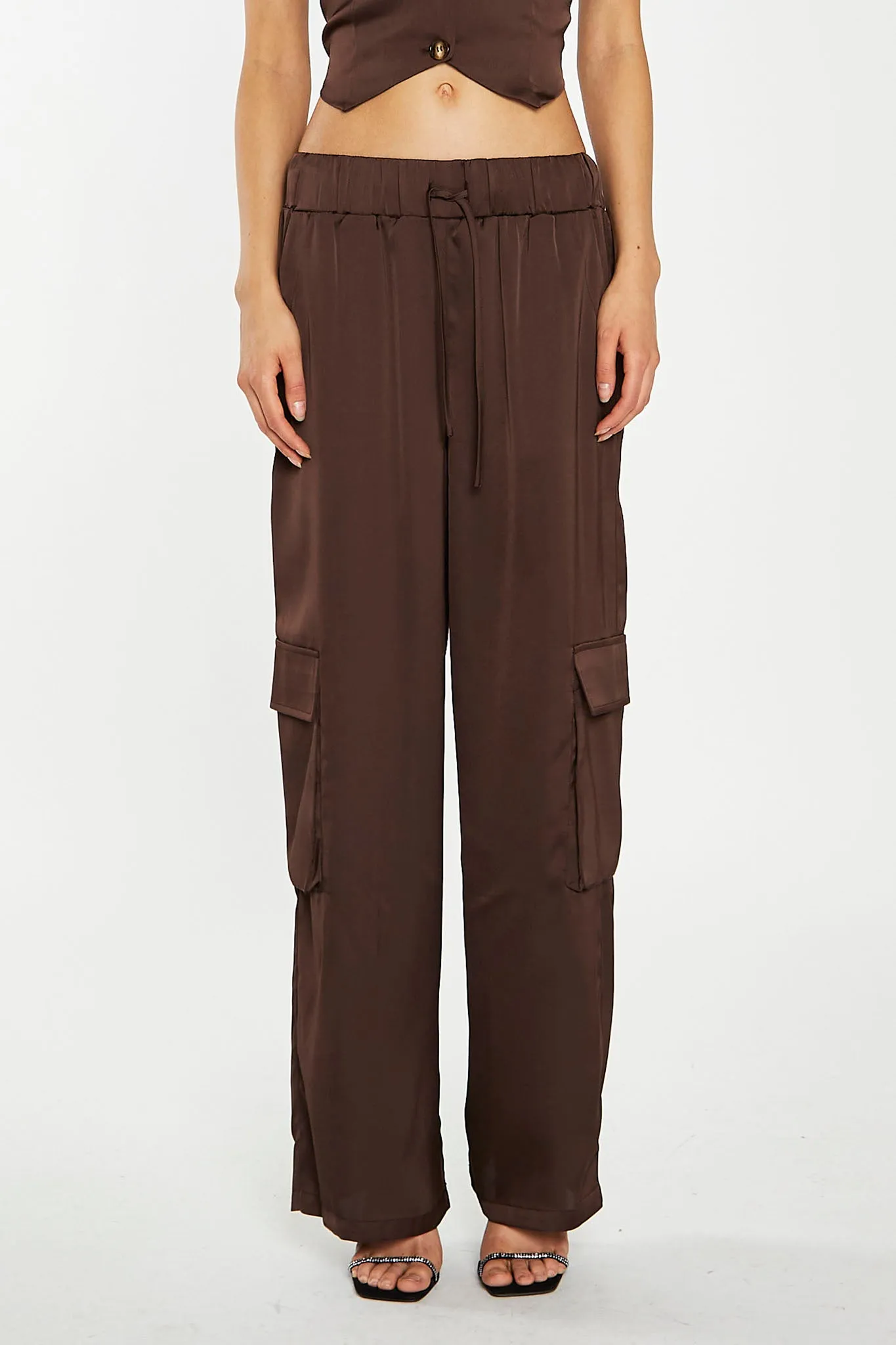 Brown-Satin Cargo Trousers