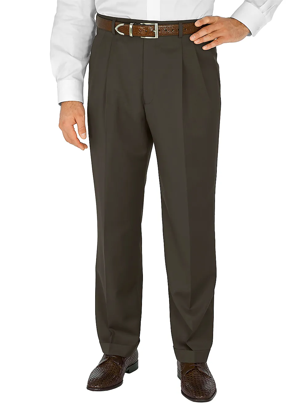 Classic Fit Wool Gabardine Pleated Pants - Dark Taupe