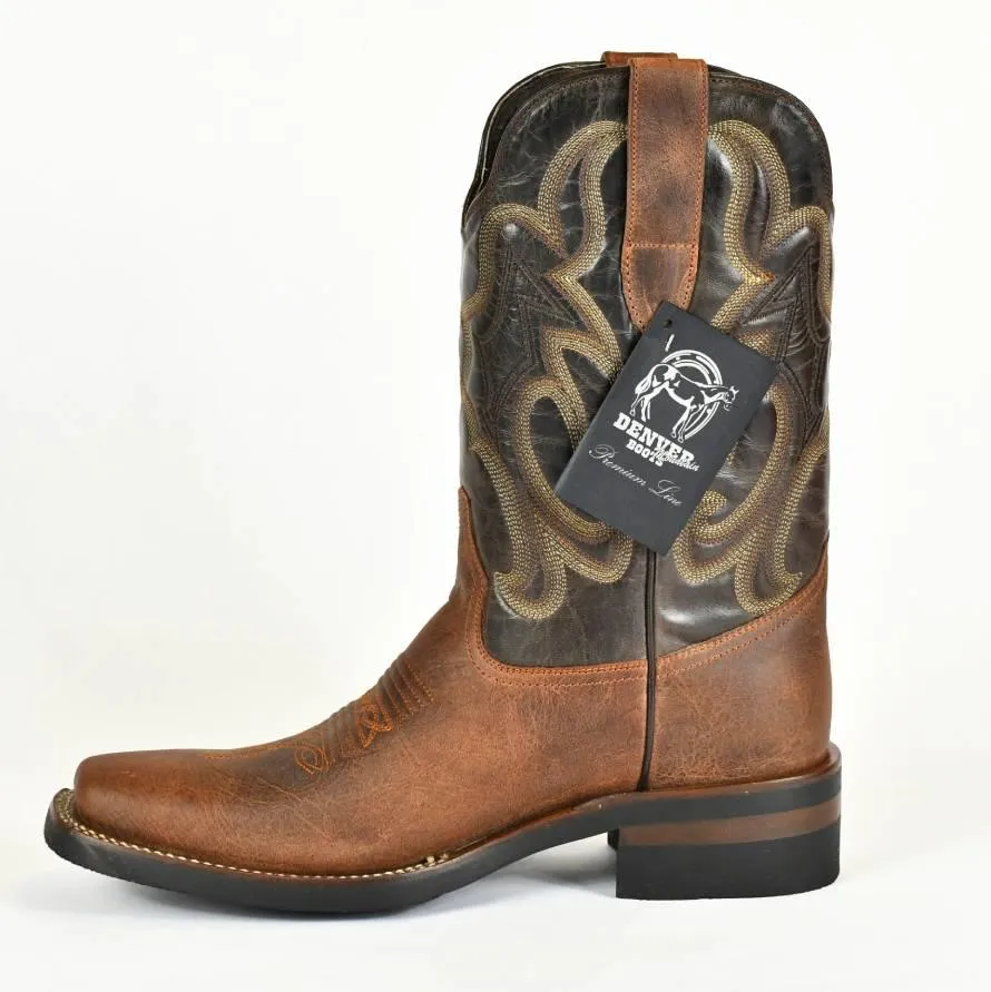 Denver Mountain Men’s  Square Toe  Cognac Leather Rodeo Boot Montana