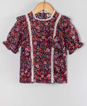 Floral shirt sleeves top with frills n ladder lace on front side-Multi