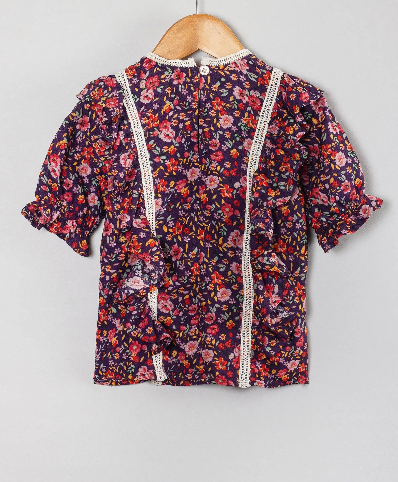 Floral shirt sleeves top with frills n ladder lace on front side-Multi