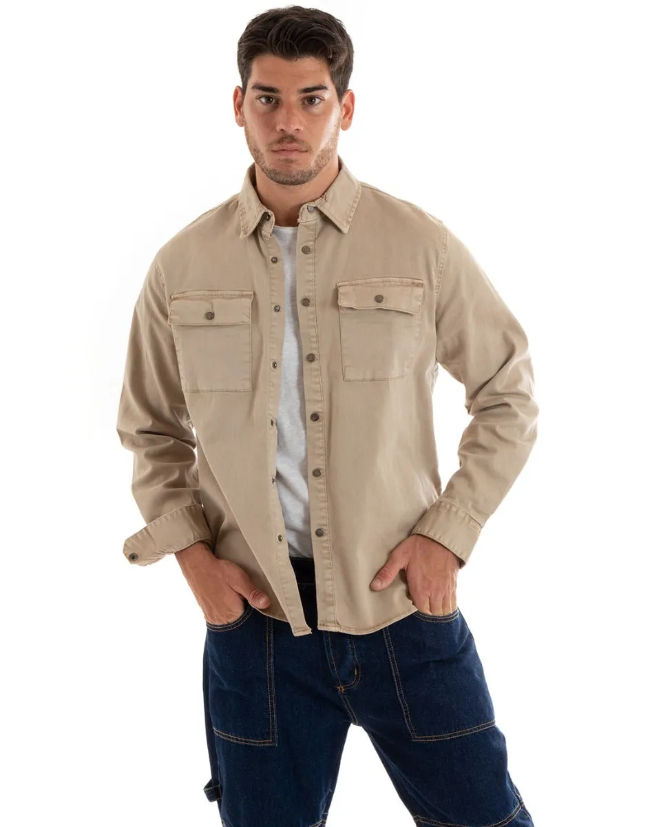 Giubbotto Uomo Giacca Jeans Con Colletto Camicione Denim Beige GIOSAL-G3079A