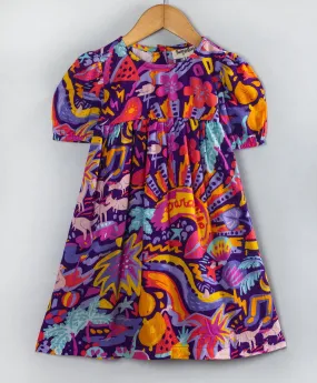 Graffiti print short sleeves dress-Multi