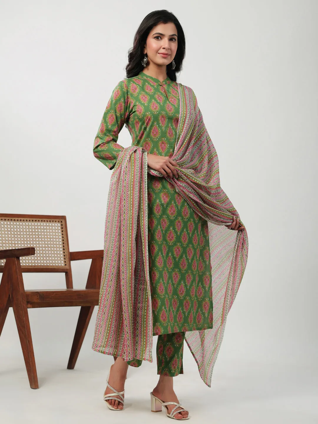 Green Cotton Ethinc Motifs Regular Kurta Set