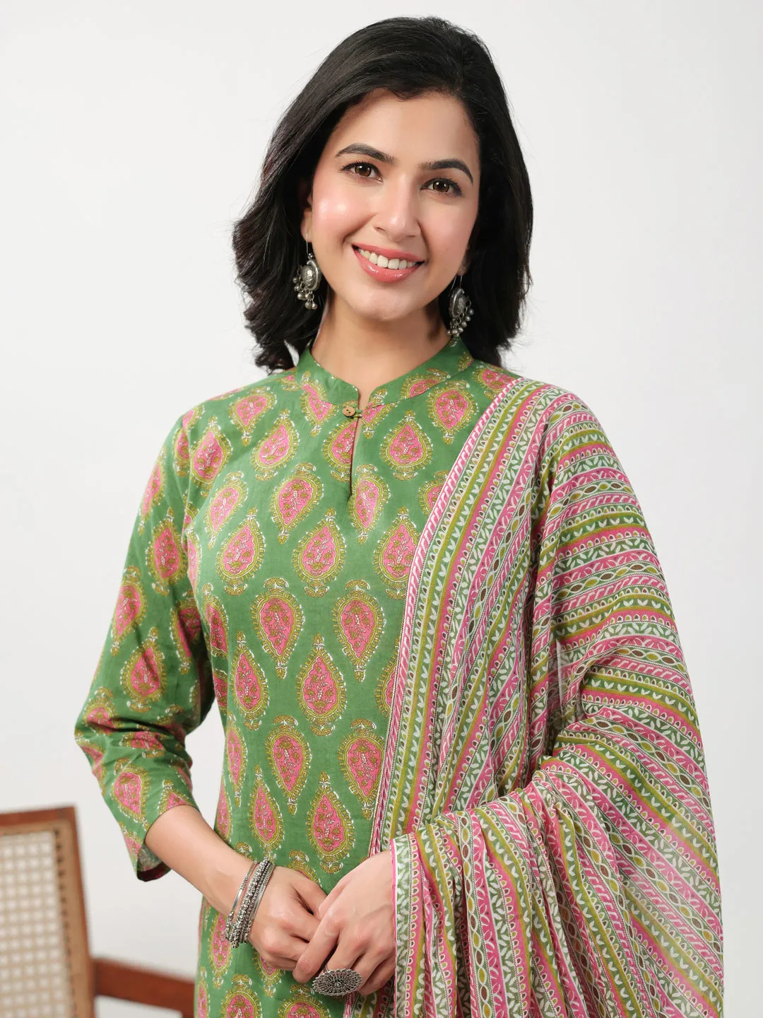 Green Cotton Ethinc Motifs Regular Kurta Set