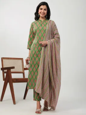 Green Cotton Ethinc Motifs Regular Kurta Set