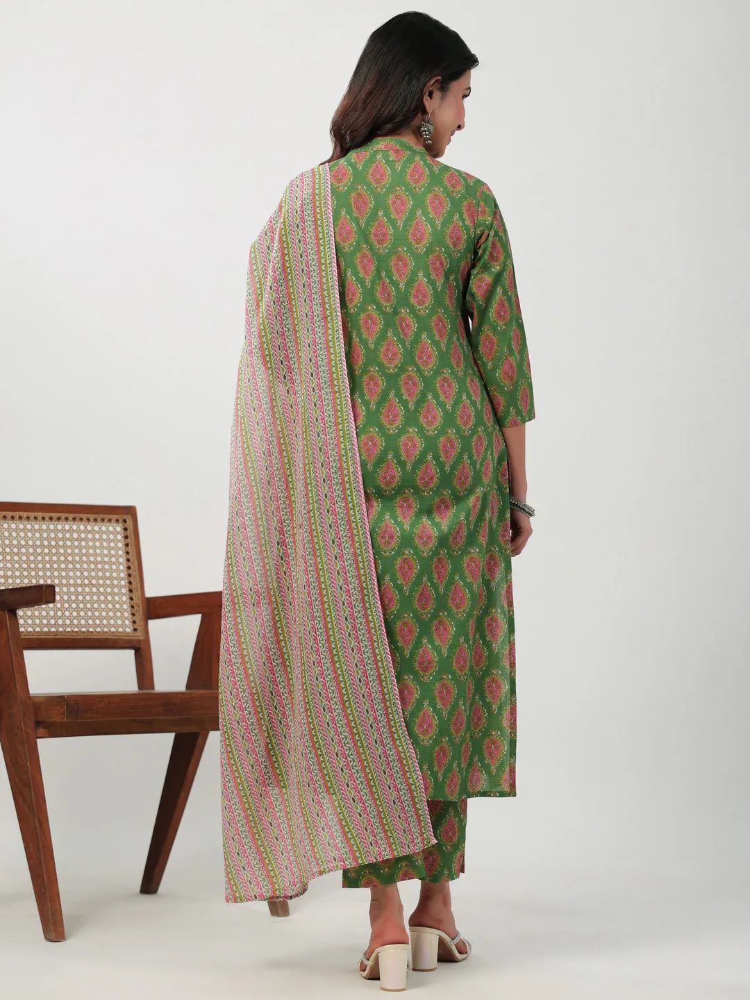 Green Cotton Ethinc Motifs Regular Kurta Set