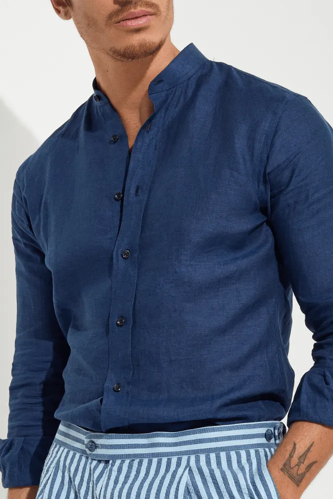 Marcello Stand Collar Shirt - Navy Linen