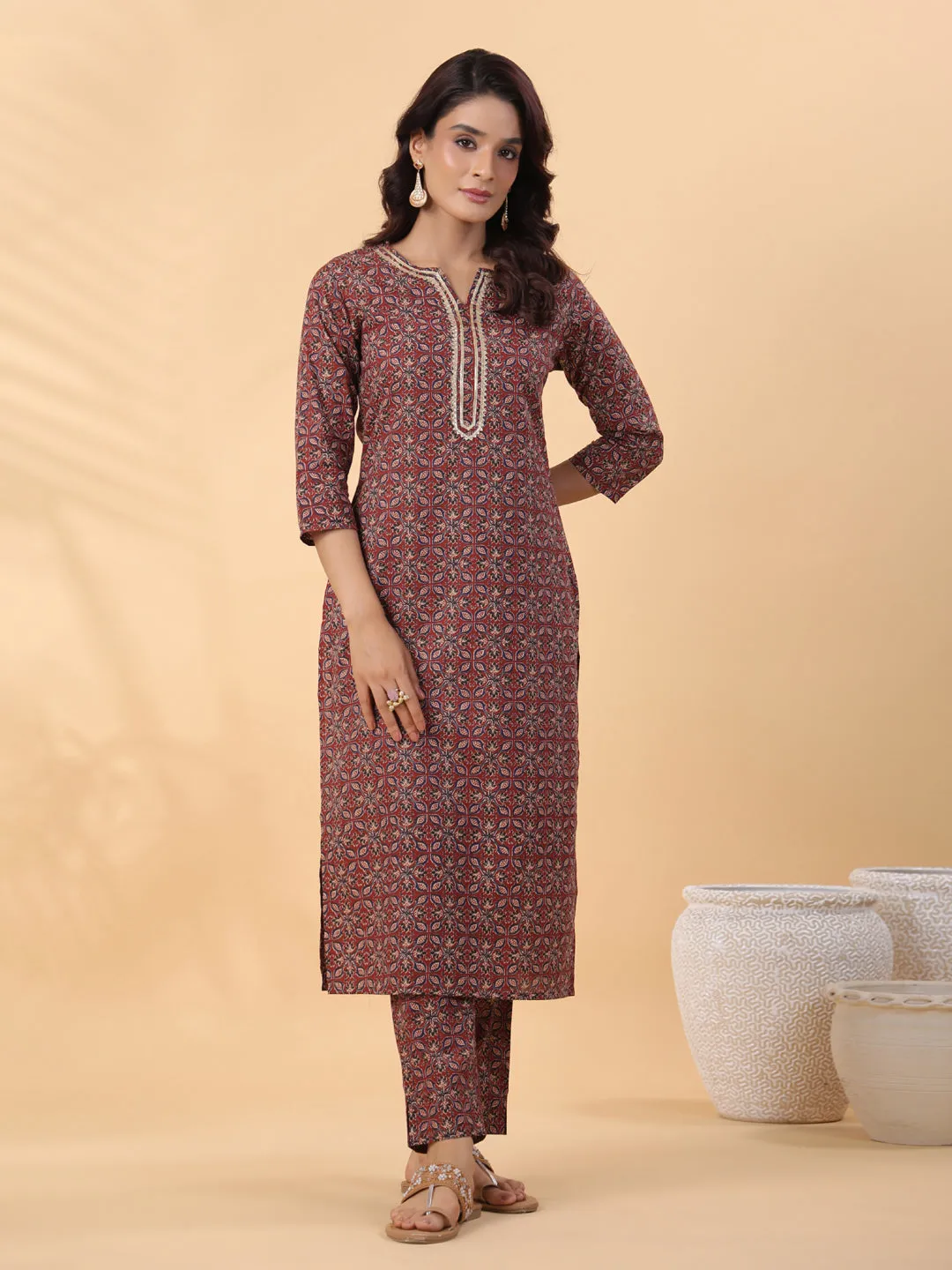 Maroon Cotton Ethnic Motifs Regular Kurta Set