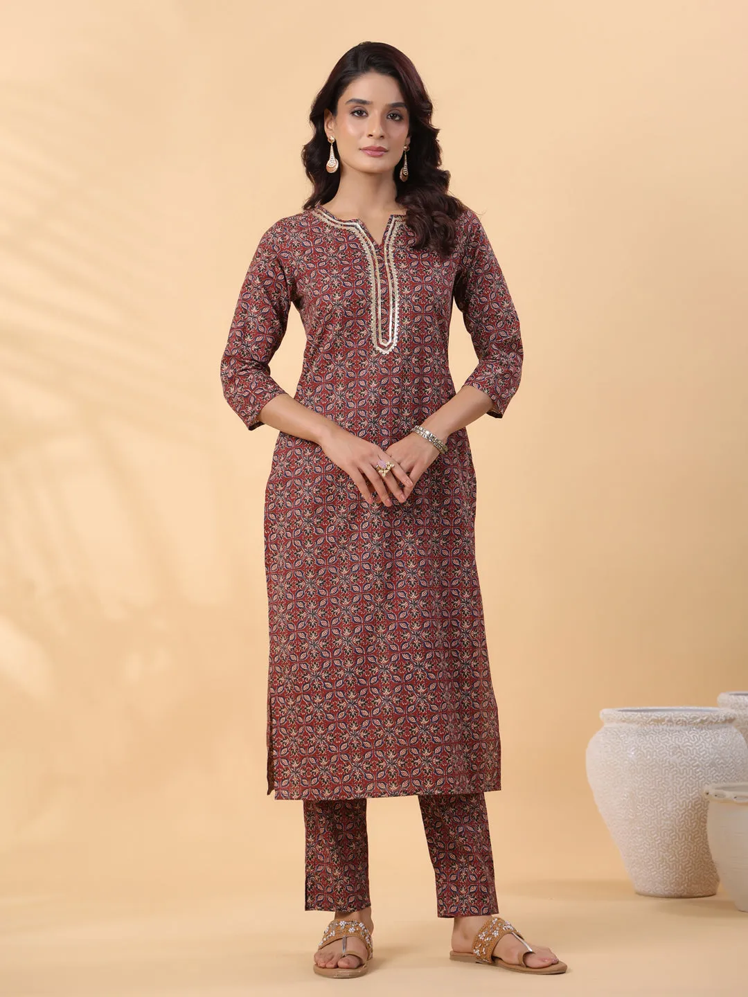 Maroon Cotton Ethnic Motifs Regular Kurta Set