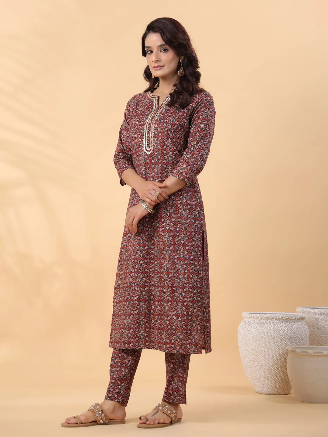 Maroon Cotton Ethnic Motifs Regular Kurta Set