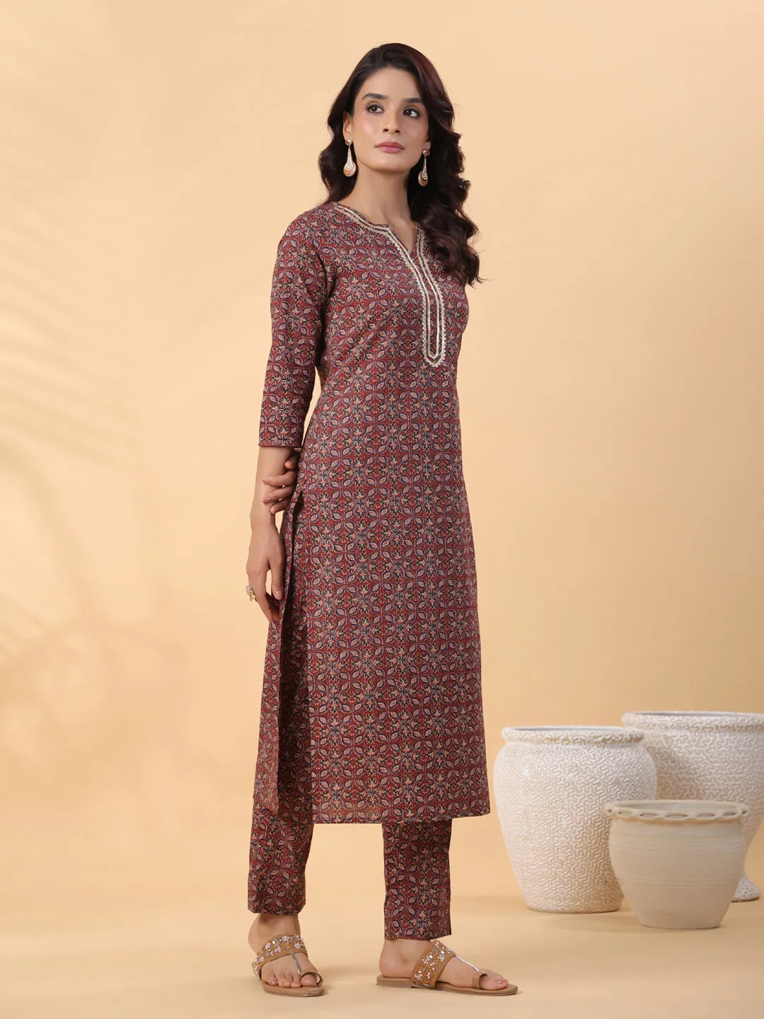 Maroon Cotton Ethnic Motifs Regular Kurta Set