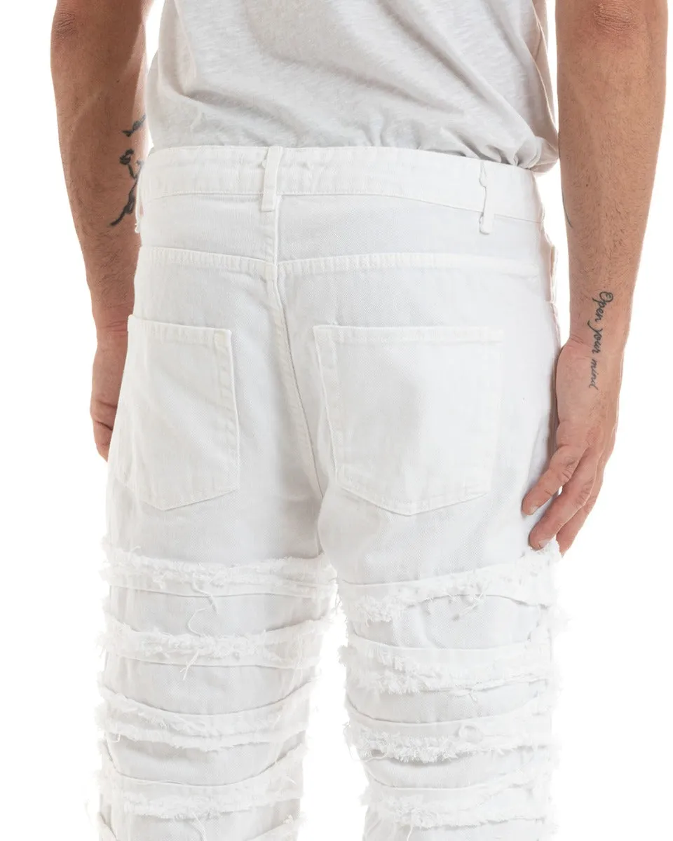 Pantaloni Uomo Jeans Cinque Tasche Straight Fit Ripped Bianco Casual GIOSAL-P5931A