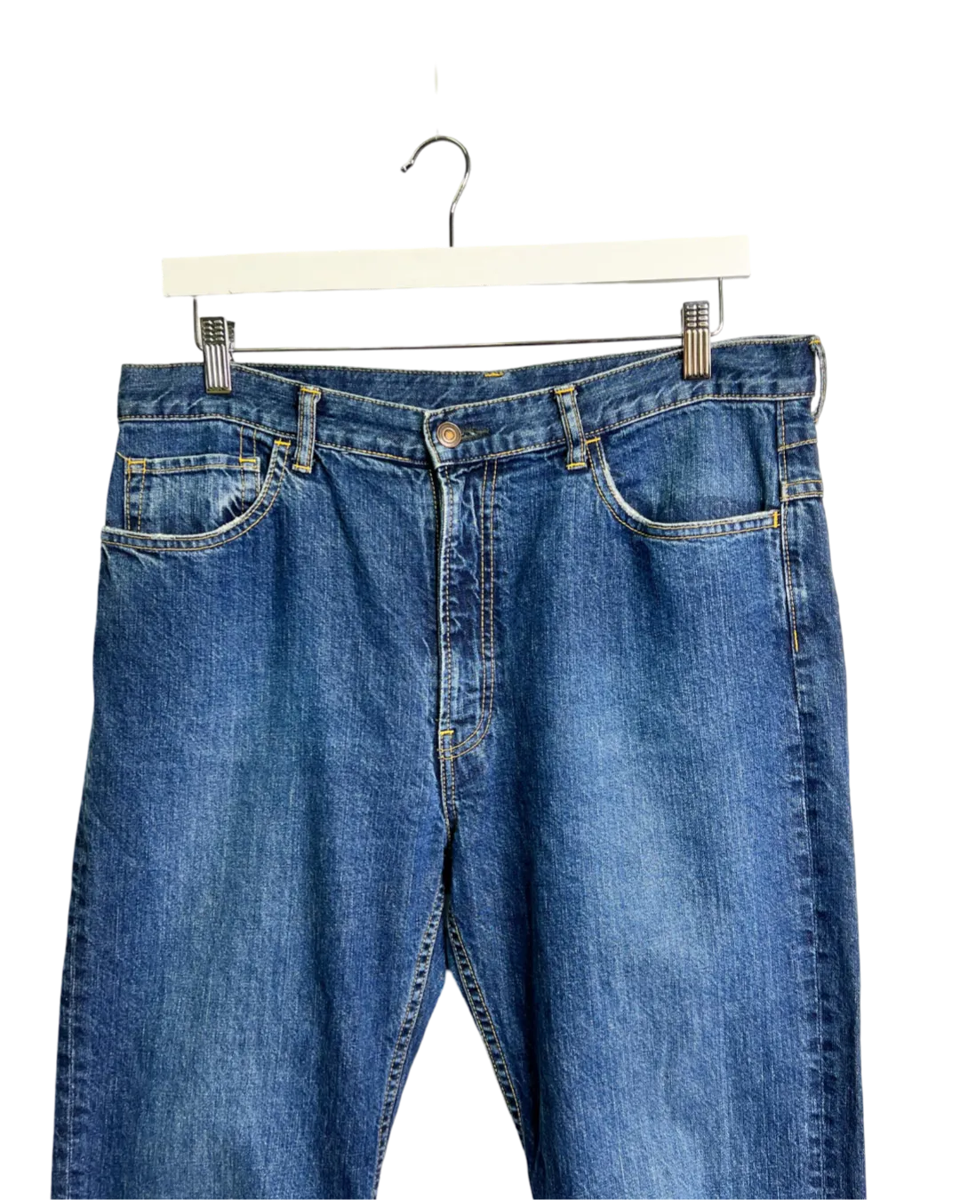 Size L - Bassike Dark Wash Tapered Leg Jeans