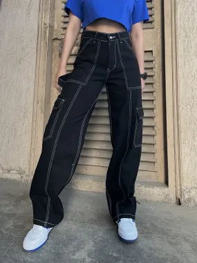 So Hip Hop Black High Waist Cargo Jeans