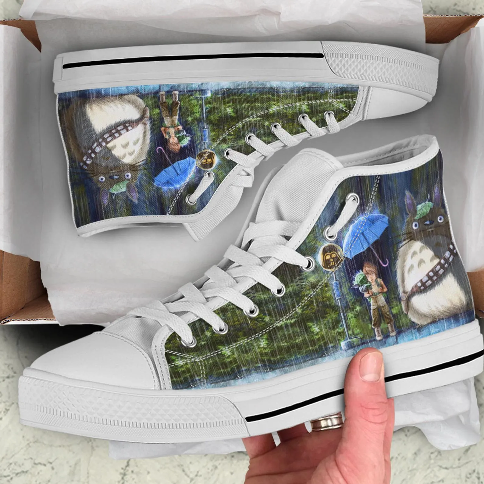 Star War Yoda And Totoro Shoes, Custom Movie Shoes, Movie Hightops, Anime Shoes, My Neighbor Totoro, Yoda Shoes, Disney Movie Star War