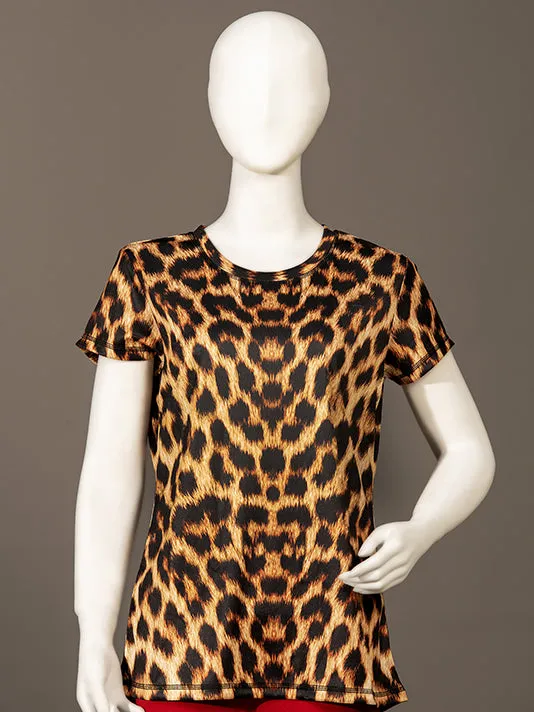 Women Crew Neck Cheetah Print Sports T-shirt